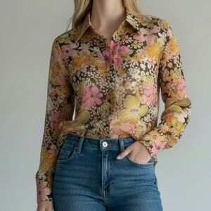 Vintage 1970s Sheer Neon Floral Psychedelic Button Up Blouse with Big Collar